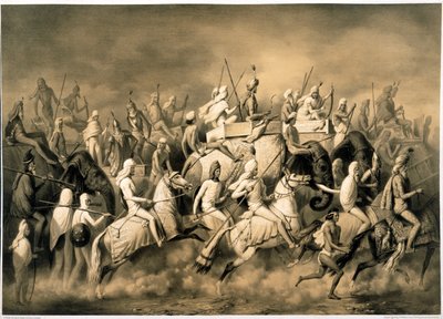 Maharadża Sher Singh z Pendżabu i jego świta na polowaniu, ilustracja z „Podróży w Indiach w ciągu lat” autorstwa Alexis Prince Soltykoff