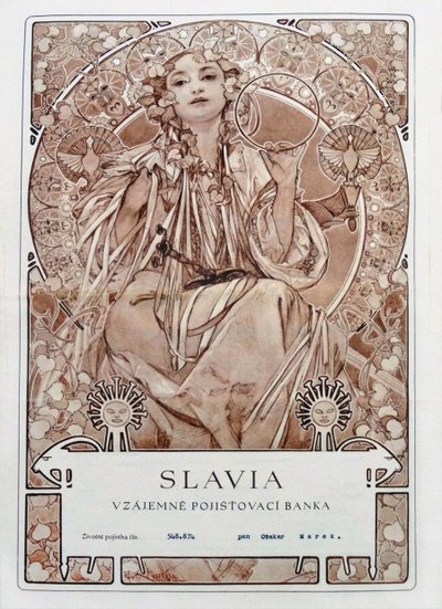 Polisa ubezpieczeniowa Towarzystwa Ubezpieczeniowego Slavia, 1942 r. autorstwa Alfons Marie Mucha