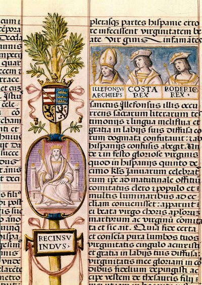 Portret Flaviusa Recceswintha, króla Wizygotów Hiszpanii od 653 do śmierci w 672, miniatura w „Genealogii królów Hiszpanii” autorstwa Alfonso de Cartagena