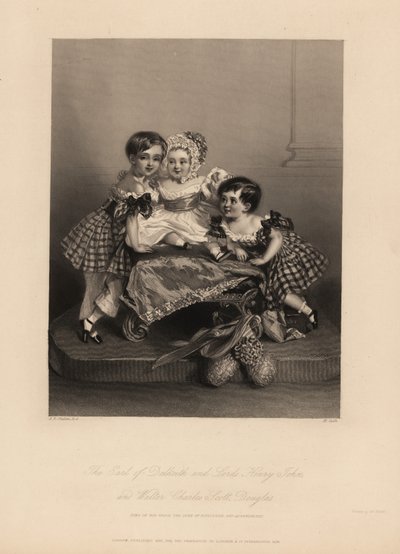 Hrabia Dalkeith (William Henry), Henry John i Walter Charles Scott Douglas, syn 5. księcia Buccleuch, 7. księcia Queensberry. Dwóch synów ma na sobie sukienki w kratę ze wstążkami, najmłodszy w czepek i satynową sukienkę. Grawer na stali autorstwa H. Cooka autorstwa Alfred Edward (after) Chalon