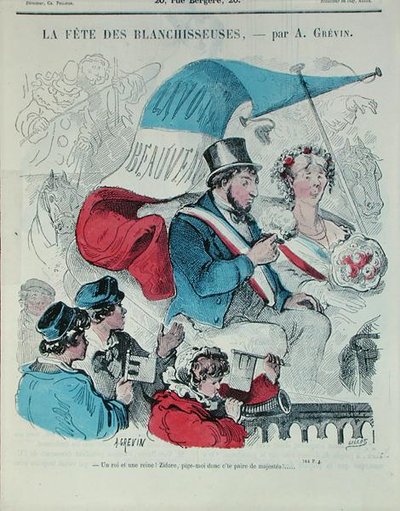 Karykatura przedstawiająca „Fete des Blanchisseuses”, grawerowana przez Gillota, ok. 1860 (kolorowa grawerunek) autorstwa Alfred (after) Grevin