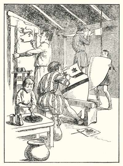 Wesoła Anglia: Malowanie tarcz i płaszczy (litografia) autorstwa Alfred (after) Pearse