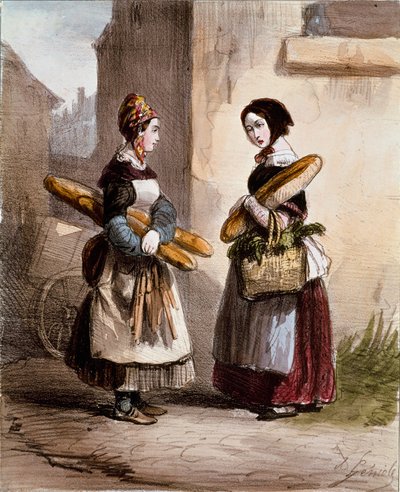 Małe metiers: piekarnia. Młody chodzący kupiec chleba. Rycina Alfreda Andre Geniole (1813-1861) z „Les femmes de Paris” 1841-1842 Paryż, Musee Carnavalet autorstwa Alfred Andre Geniole
