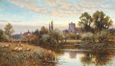 Wypas owiec przed kościołem Wrotham, zmierzch autorstwa Alfred Augustus Glendening
