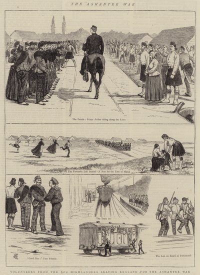 Wojna Ashantee, ochotnicy z 79. Highlanders wyruszający z Anglii na wojnę Ashantee autorstwa Alfred Chantrey Corbould