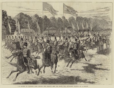 Recenzja w Windsor Park przed Jej Wysokością i Szachem, artyleria przechodząca galopem (rycina) autorstwa Alfred Chantrey Corbould