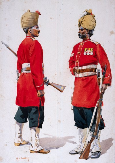 Żołnierze 102. grenadierów króla Edwarda i 101. grenadierów, ilustracja z „Armie Indii” majora G.F. MacMunn, wydana w 1911, 1908 autorstwa Alfred Crowdy Lovett