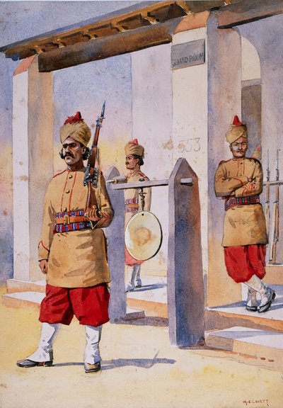 Żołnierze 124. piechoty beludżystanu należącej do księżnej Connaught, ilustracja do „Armie Indii” majora G.F. MacMunn, wydana w 1911, 1908 autorstwa Alfred Crowdy Lovett