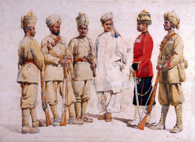 Żołnierze 19. Pendżabów Afridi z Tirah, ilustracja do "Armii Indii" autorstwa majora G.F. MacMunna, opublikowana w 1911 roku, 1909 autorstwa Alfred Crowdy Lovett
