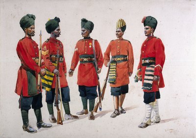 Żołnierze byłego kontyngentu piechoty Hyderabad, ilustracja do „Armie Indii” majora G.F. MacMunn, wydana w 1911, 1910 autorstwa Alfred Crowdy Lovett