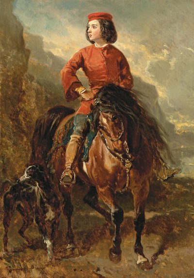 Młody jeździec na Szetlandach z chartem; Jeune cavalier montant un shetland et levrier, XIX w. autorstwa Alfred Dedreux