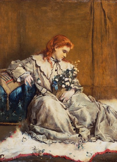Marzenie, młoda rudowłosa dziewczyna z niebieskim otomanem autorstwa Alfred Emile Stevens