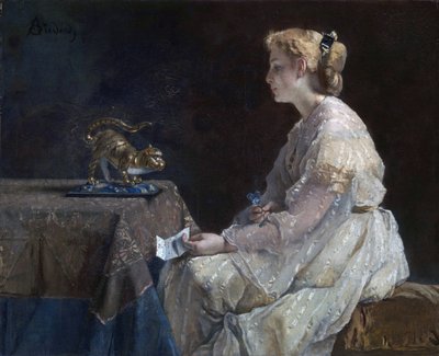 "Obecny"" Młoda kobieta odkrywa statuetkę kota - Obraz Alfreda Stevensa (1823-1906) ok. 1870 Londyn Galeria Narodowa autorstwa Alfred Emile Stevens