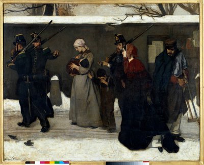 Tak zwane włóczęgostwo mówi również, że myśliwi z gwardii narodowej Vincennes zatrzymują rodziny na ulicy. Obraz Alfreda Stevensa (1823-1906) Nd. 1,3x1,6 m Paryż, musee d