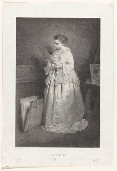 Młoda kobieta patrząca na odbitkę lub rysunek Niedyskrecja (tytuł na przedmiocie) autorstwa Alfred François Lemoine