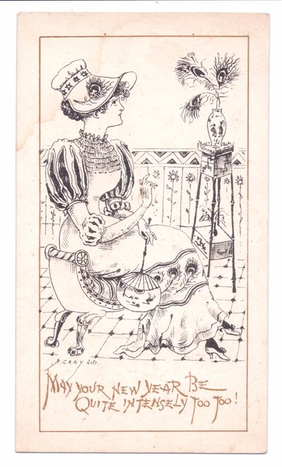 Wiktoriańska kartka noworoczna przedstawiająca estetykę podziwiającą wazon z pawimi piórami, ok. 1881 r. (monochromatyczny) autorstwa Alfred Gray