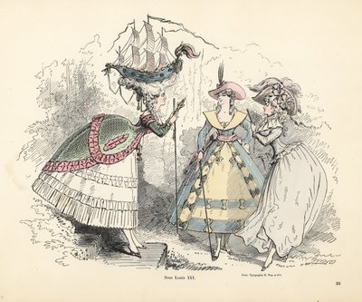 Kobieta w pancerniku w nakryciu głowy z pufy, epoka króla Ludwika XIV autorstwa Alfred Grevin