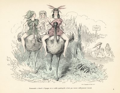 Kobiety w zwierzęcych skórach i piórach dosiadające strusi i łabędzi. autorstwa Alfred Grevin