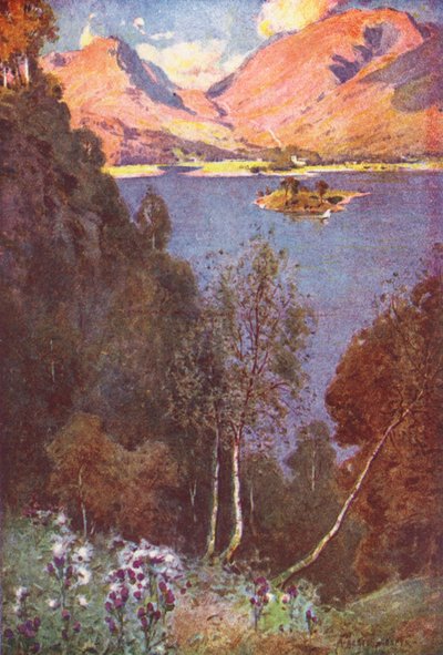 Kraina Jezior: Spojrzenie na Grasmere, wieczorne słońce (kolorowa litografia) autorstwa Alfred Heaton Cooper