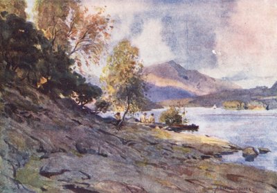 Kraina Jezior: Nad brzegiem Derwentwater (kolorowa litografia) autorstwa Alfred Heaton Cooper