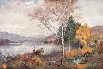 Kraina Jezior: Wypalacze węgla drzewnego, jezioro Coniston (kolorowa litografia) autorstwa Alfred Heaton Cooper