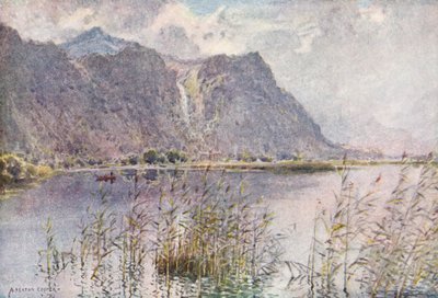 Kraina Jezior: Lodore i Derwentwater, letni poranek (kolorowa litografia) autorstwa Alfred Heaton Cooper