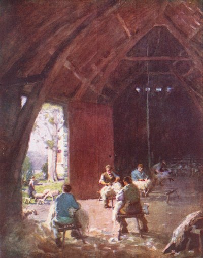 Lake District: Strzyżenie owiec, Esthwaite Hall Farm (kolorowa litografia) autorstwa Alfred Heaton Cooper