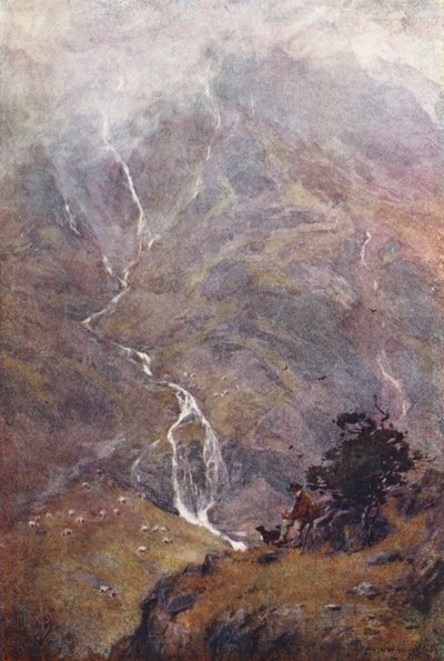 Lake District: The Shepherd, Yewdale, Coniston (kolorowa litografia) autorstwa Alfred Heaton Cooper