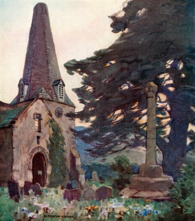 Kościół i Krzyż w Porlocku (kolor lito) autorstwa Alfred Heaton Cooper
