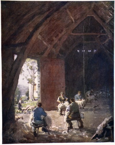 Strzyżenie owiec, gospodarstwo Esthwaite Hall, z portfolio grafik z oryginalnych akwarel, ok.1920 autorstwa Alfred Heaton Cooper