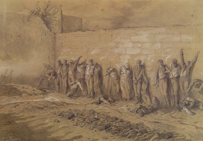 Egzekucja na cmentarzu „Mur des Federes”, Pere-Lachaise, 28 maja 1871 (brązowa kreda i płukanie podkreślone białym gwaszem na papierze sepiowym) autorstwa Alfred Henri Darjou