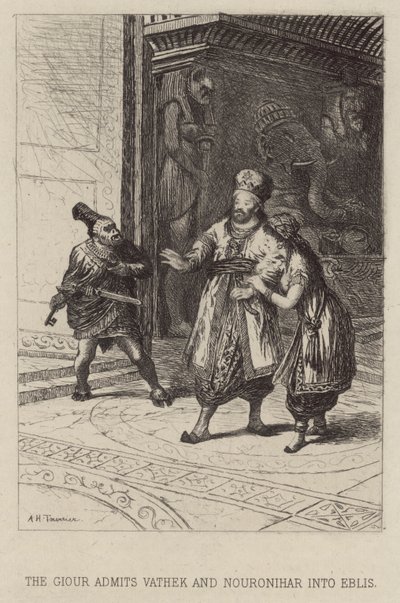 Giour wpuszcza Vatheka i Nouronihara do Eblis (akwaforta) autorstwa Alfred Holst Tourrier