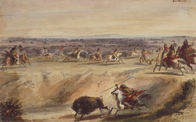 Surround lub Hunting the Buffalo, c.1839 (ołówek, pióro i atrament, akwarela i gwasz na papierze) autorstwa Alfred Jacob Miller