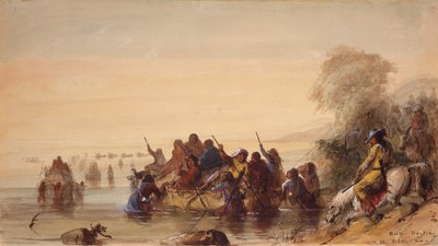 Bull Boating po rzece Platte, ok.1837 (akwarela na papierze) autorstwa Alfred Jacob Miller