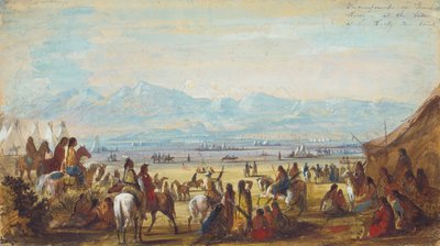 Encampment on Green River at the Base of Rocky Mountains, c.1837 (pencil, watercolor and gouache on paper)   1316007   pl       polish Successfully Translated  Original: De acteur Ichikawa Danjuro VII maakt zich op voor een Shibaraku voorstelling geassiste autorstwa Alfred Jacob Miller