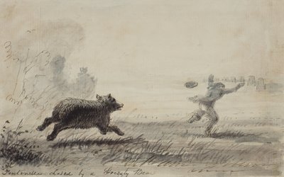 Fontenelle ścigany przez niedźwiedzia grizzly, c.1837 (pióro, atrament i pranie na papierze) autorstwa Alfred Jacob Miller
