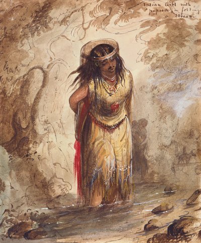 Indyjska dziewczyna z Papoose brodząc w strumieniu, ok. 1837 (ołówek, akwarela i gwasz na papierze) autorstwa Alfred Jacob Miller