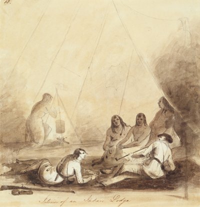 Wnętrze indyjskiej loży, c.1837 (ołówek, długopis i atrament i pranie na papierze) autorstwa Alfred Jacob Miller