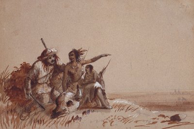 Indian Kansas Recounting to a Traper, by Signs, the Migration of Buffalo, c.1837 (ołówek i brązowe i czarne plamy na papierze) autorstwa Alfred Jacob Miller