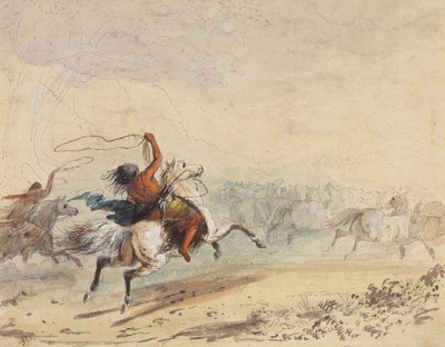 Lassoing Wild Horses, ok. 1837 (ołówek, długopis, atrament, akwarela i gwasz na papierze) autorstwa Alfred Jacob Miller