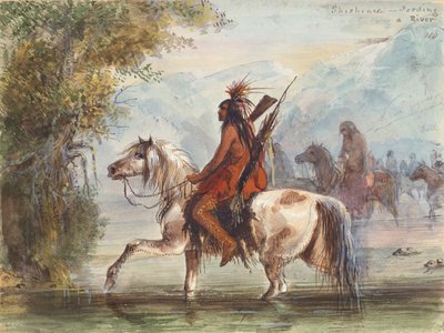 Shoshone Camp Fording a River, ok. 1837 (akwarela na papierze) autorstwa Alfred Jacob Miller