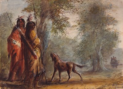 Indianie węża obserwujący zbliżanie się kajaka, ok. 1837 (ołówek, akwarela i gwasz na papierze) autorstwa Alfred Jacob Miller