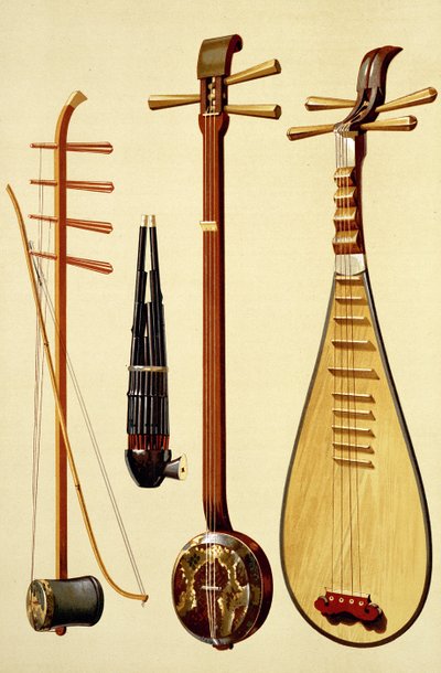 Huqin i smyczek, sheng, sanxian i pipa, chińskie instrumenty z "Instrumentów muzycznych" (litografia kolorowa) autorstwa Alfred James Hipkins