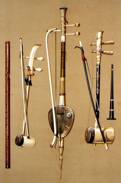 khlui, trzy so sam sai z smyczkami i pi, instrumenty tajskie z „Instrumentów muzycznych” (kolorowa lito) autorstwa Alfred James Hipkins