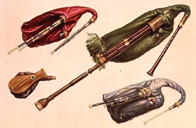 Dudy (LtoR): zielone, szkockie nizinne, czerwone i nortumbrskie, z „Instrumentów muzycznych” (kolorowa lito) autorstwa Alfred James Hipkins