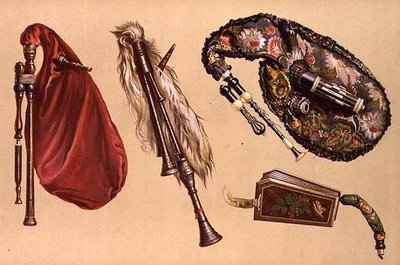 Dudy: cztery, w tym Cornemuse, Calabrian i Musette, z "Instrumentów Muzycznych" (litografia kolorowa) autorstwa Alfred James Hipkins