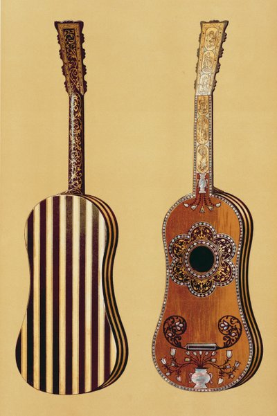 Gitara inkrustowana macicą perłową, z "Instrumentów Muzycznych" (litografia barwna) autorstwa Alfred James Hipkins