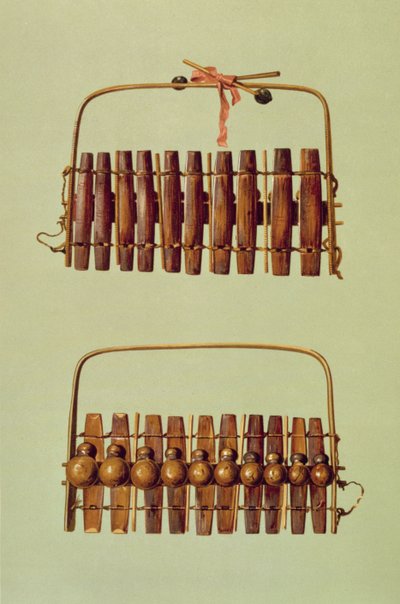 Marimba, widok z przodu i z tyłu, RPA, z "Instrumentów Muzycznych" (litografia kolorowa) autorstwa Alfred James Hipkins