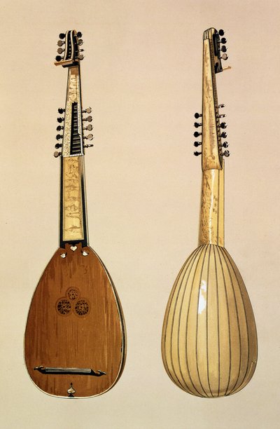 Theorbo, wykonany przez Giovanniego Krebara, Padwa, 1629, z „Instrumenty muzyczne” autorstwa (kolorowa lito) autorstwa Alfred James Hipkins