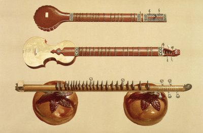 Dwa sitary i Rudra vina, indyjska, z „Instrumenty muzyczne” (kolorowa lito) autorstwa Alfred James Hipkins